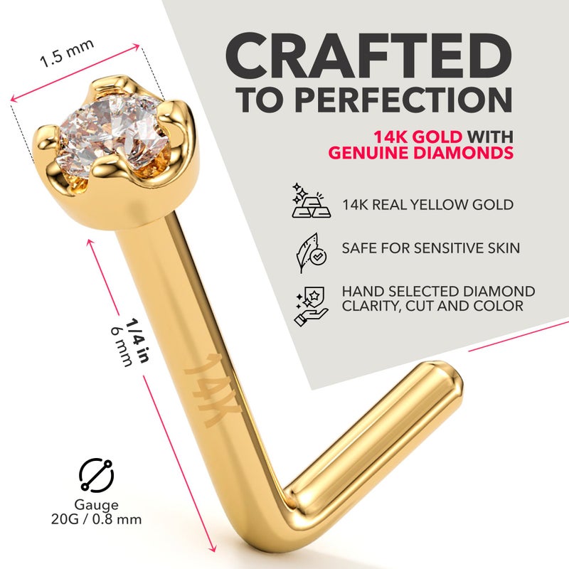 Body Candy 14k Gold L-Shaped Nose Ring with 1.5mm Diamond (0.015 cttw), Hypoallergenic Nose Jewelry - Handmade in USA, 20 Gauge 1/4 inch at Bend - Image 2